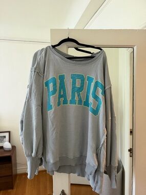 Free People Light Gray Sweatshirt with Turquoise PARIS Print